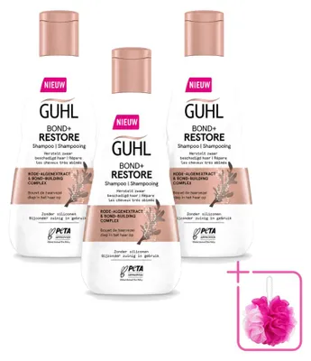 Imagen del producto de 3 champús Guhl Bond+ Restore para cabello dañado - 250 ml cada uno - Pack ahorro - 3 unidades