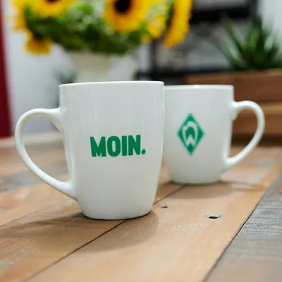 Produktbild von SV Werder Bremen Tasse Moin, Offizieller Fanartikel, Weiße Keramiktasse mit Raute-Wappen und grünem Moin-Schriftzug, 100% Keramik