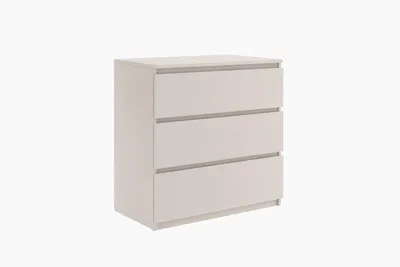 A three-drawer chest of drawers on a white background.