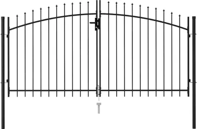 A black metal double gate with pointed finials.
