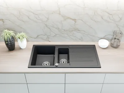 Produktbild von [Granitspüle 100x50 Schwarz]Hochwertig beidseitig Montierbar Küchenspüle Eckig Einbaugranitspüle Granit Spülbecken f. Unterschränke ab 45 cm inkl.Siphon Set