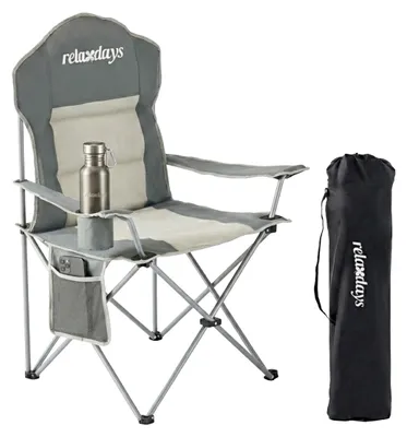 Produktbild von Relaxdays Camping Stuhl, faltbar, Tragetasche, Getränkehalter, 160 kg, Klappstuhl gepolstert, Polyester, Metall, grau