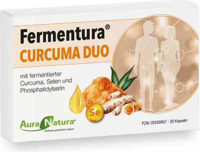 A product box for Fermentura Curcuma Duo capsules, featuring images of turmeric, a drop of oil, and silhouettes of people.