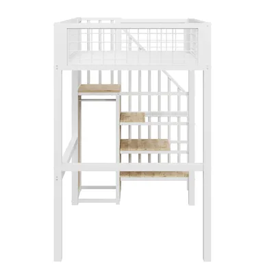 Produktbild von Flieks Etagenbett 90×200cm mit Treppe und Kleiderschrank, Hochbett Jugendbett mit Lattenrost, Kinderbett mit Rausfallschutz, Einzelbett Metallbett, Weiß