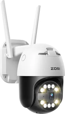 A white and black ZOSI security camera with two antennas is mounted on a white bracket against a white background.