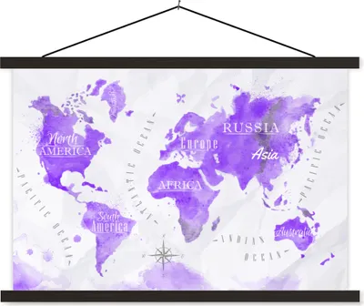 Produktbild von MuchoWow® Textilposter Weltkarte - Ölfarbe - Violett 90x60 cm mit schwarzem Rahmen - Aufhängungssatz