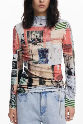 Image de Pulls femme Rose Découvrir le t-shirt manches longues à motifs & col montant