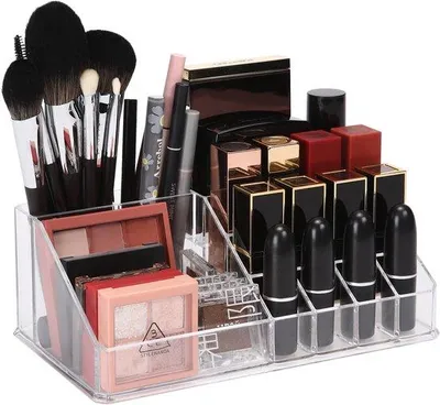 Zdjęcie produktu dla Unyqoos® Przezroczysty organizer akrylowy do szminek i kosmetyków – odporny na zarysowania, z wieloma przegródkami, kompaktowy i stylowy