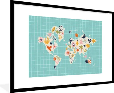 Produktbild von MuchoWow® Gerahmtes Poster Weltkarte - Blumen - Matisse 90x60 cm - Poster mit Schwarzem Bilderrahmen Wandposter Rahmen Foto Bilder - Wanddekoration - Fotos