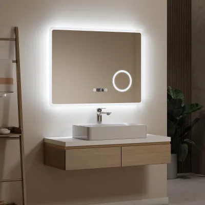Obrázek produktu pro Koupelnové zrcadlo EMKE LED s trojnásobným zvětšením Dotykový spínač Studené bílé světlo 80X60cm, proti zamlžování a hodiny
