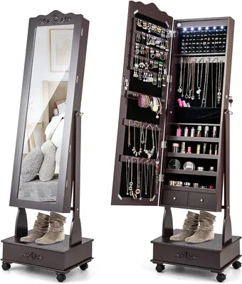 Produktbild von GOPLUS Schmuckschrank mit Spiegel, Spiegelschrank mit LED-Licht & Schublade, abschließbare Schmuckaufbewahrung mit Rollen (Braun)