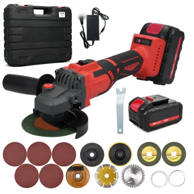 A collection of tools and accessories for a cordless angle grinder, laid out on a white background.