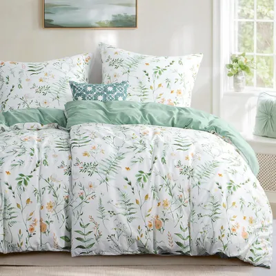 Immagine prodotto di Set di lenzuola 135x200 cm, 4 pezzi, motivo floreale, verde, verde salvia, microfibra. Set da 2 pezzi con cerniera, non necessita di stiratura