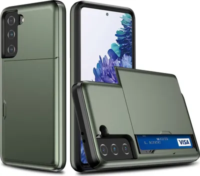 Produktbild von Mobigear Card  Samsung Galaxy S21 Hülle Hardcase Backcover Stoßfest mit Kartenhalter - Armeegrün