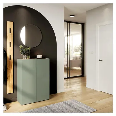 Produktbild von Garderobe Flurgarderobe in Grün mit Eiche, 3-teilig, Schuhschrank 74 cm breit, grifflos, runder Spiegel, Paneel mit 3 Kleiderhaken
