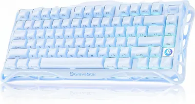 A white mechanical keyboard with blue backlighting is shown from a front-facing, slightly elevated angle against a white background.