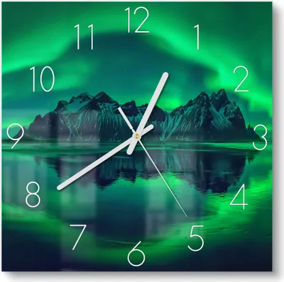 Produktbild von DEQORI Glasuhr 30x30 cm Zahlen 'Vestrahorn im Polarlicht' Wanduhr Glas Uhr Design leise