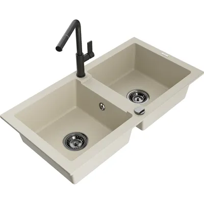 Obrázek produktu pro Mexen Mario 2-miskový granitový dřez s kuchyňskou baterií Flora, Béžová - 6504-69-670401-70-B