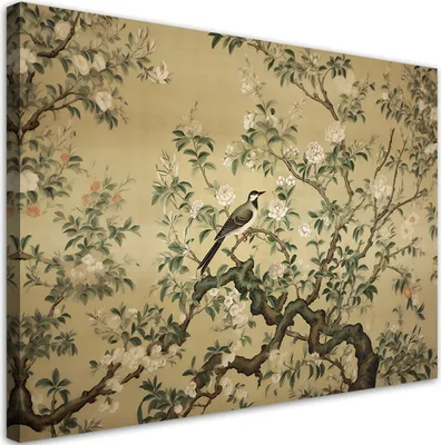 Produktbild von Leinwandbild Vogel Abstrakt Chinoiserie 60x40 Feeby Grün bild für die wand bereit zum aufhängen