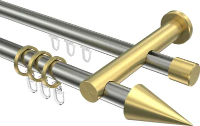 Produktbild von Interdeco Rundrohr-Innenlaufstange / Gardinenstange (Kombination) Edelstahl-Optik / Messing-Optik, Typ Platon Savio (Kegel), 20 mm Ø 2-läufig, 520 cm