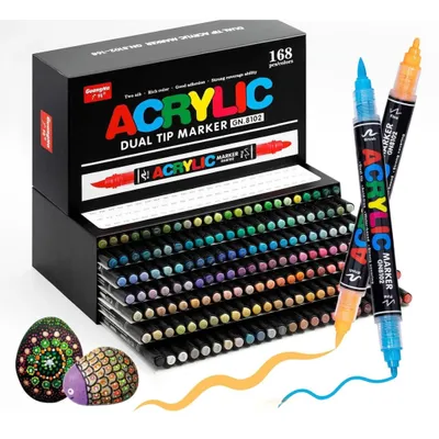 Produktbild von GuangNa Acrylmarker 168 Farben Doppelspitze – Weiche Pinselspitze & Feine Hartspitze, Direkt-Flüssig-System, hochdeckend wasserfest für Stein Holz, KI-generiertes Bild