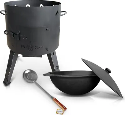 Produktbild von Feuerofen Dutch Oven - KasanoFF,  Kessel Kazan 16 Liter, Ø 44 cm + Gusseisenkessel, runder Boden, Ø 46,5 cm, Schaumlöffel 48 cm