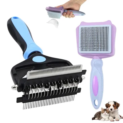 Immagine prodotto di Set di 2 spazzole per gatti e cani, spazzola autoripulente 3 in 1, ideale per la cura del pelo di cani e gatti