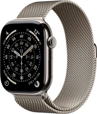 Produktbild von Apple Watch Series 11 GPS + Cellular 46 mm, Armband aus naturfarbenem Titan und Milanaise-Armband aus naturfarbenem Titan – Größe M/L