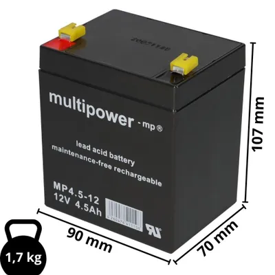 Zdjęcie produktu dla Akumulator kwasowo-ołowiowy Multipower MP4.5-12 Pb 12V / 4.5Ah Faston 4.8