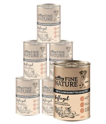 Produktbild von Dehner Fine Nature Hundefutter, Nassfutter in Lebensmittelqualität, für Welpen und junge Hunde, Geflügel, 6 x 400 g Dose (2.4 kg)