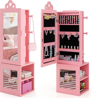 A pink jewelry cabinet with a mirror and storage shelves, displayed in a room setting.