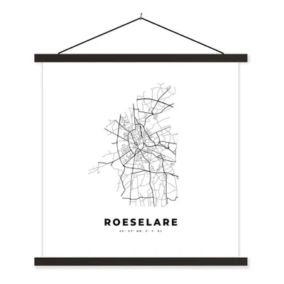 Produktbild von MuchoWow® Textilposter Karte - Stadtplan - Roeselare - Belgien - Schwarz und weiß 60x60 cm mit schwarzem Rahmen - Posteraufhänger
