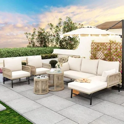 Image de Ensemble de mobilier de jardin beige avec structure métallique et revêtement tressé, pour l'extérieur, comprenant 2 fauteuils, 2 canapés 2 places et 2 tables (coussins compris)
