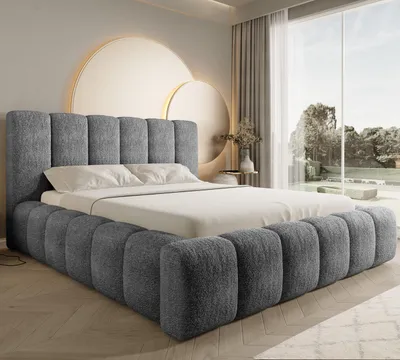 Produktbild von Polsterbett Boston 200×200 cm – grau Bouclé-Stoff – mit Bettkasten und hochklappbarem Lattenrost – modernes Designerbett