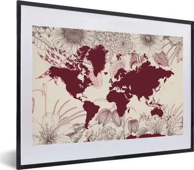 Produktbild von MuchoWow® MuchoWow® Gerahmtes Poster Weltkarte - Rot - Blumen 60x40 cm - Poster mit zchwarzem Bilderrahmen - Schlafzimmer - Plakat in Rahmen - Drucken