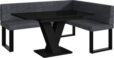 Produktbild von MEBLINI Eckbank für Esszimmer mit ausziehbarem Tisch - Küchenbank - Essecke - Sitzecke Küche - PETER - U-Beine 128x168x87cm Rechts - Dunkelgrau Samt/M Schwarz Hochgl.