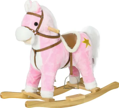 Produktbild von Pinkes Schaukelpferd mit Soundeffekten und Musik, Metallrahmen für Kinder bis 30 kg, Plüschkörper mit Sattel und Steigbügeln