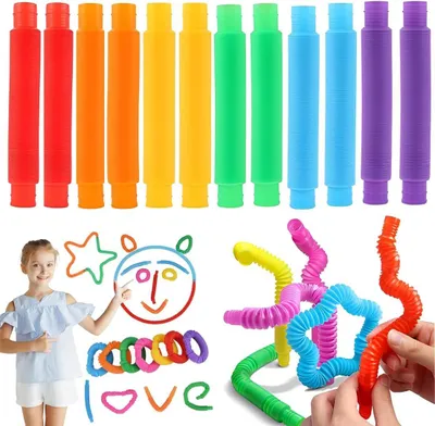 Productafbeelding van Kleurrijke buisjes - Set van 12 - Elastische banden voor kinderen - Sensorisch speelgoed - Stressverminderend speelgoed