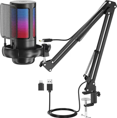 Image de Microphone Truskore avec bras en potence - USB - Gaming - Microphone à condensateur RGB - avec bouton de coupure du son, filtre anti-pop, bras de microphone