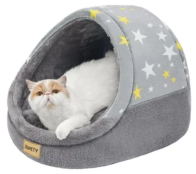 Zdjęcie produktu dla Elzusha - Budka dla kota Kattenhol - Wygodna i nadająca się do prania - Rozmiar L (48x43x40 cm) - Szara, wzór gwiazd