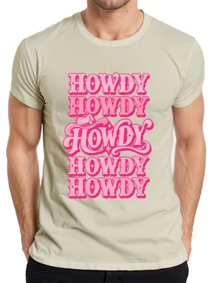 Immagine prodotto di T-shirt da uomo, stile western, con scritta "Howdy Dolly Parton Cowgirl" e motivo retrò, colore rosa, taglia L