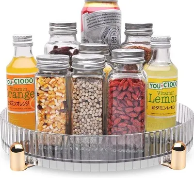 Obrázek produktu pro Uniqoos® Otočná podnoska "Lazy Susan", 28 cm – otočný organizér o 360° s nerezovými kuličkovými ložisky, průhledná, s 4 protiskluzovými podložkami, vhodná pro kosmetiku a kuchyňské potřeby