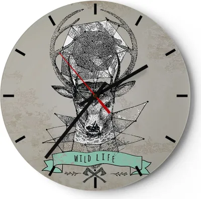 Produktbild von Wanduhr - Rund - Glasuhr - Hirsch Geweih Wald - 30x30cm - Schleichendes Uhrwerk - Lautlos - zum Aufhängen bereit - Dekoration Modern - Wanddekoration aus Glas - C3AR30x30-3072