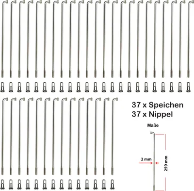 Produktbild von 37 Stück Fahrrad Speichen Spokes BÜCHEL 259mm Verzinkt 2mm Silber mit Nippel