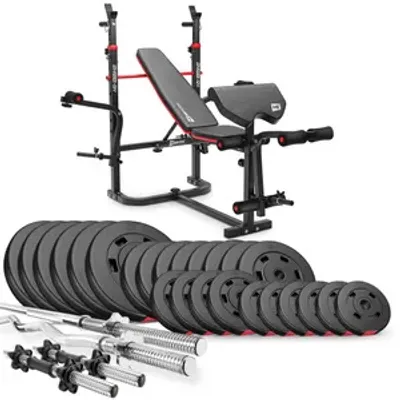 Produktbild von Hop-Sport Hantelbank HS-1065 + Curlpult - inkl. 135 KG Hantelset: Lang-, Curl- & Kurzhantelstange, Gewichte/Hantelscheiben