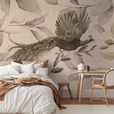 Produktbild von Selbstklebende Folie Fototapete - Bird among the leaves - floral motif with a flying peacock in cool tones 392x280 cm Tiere g-C-10039-a-a