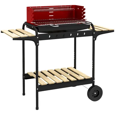 Produktbild von Outsunny Holzkohlegrill aus Metall BBQ Smoker mit Räder, höheverstellbar Grillrost, Holzablage, fahrbar Grillwagen Holzkohle Grill, Kohlegrill für Barbeque Camping, Terrasse, 103x47x95 cm