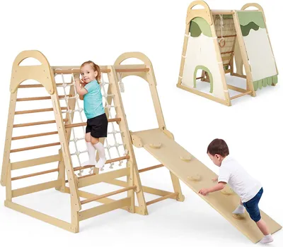 Produktbild von 6 in 1 Kletterdreieck Kletterspielzeug mit Rutsche Leiter Kletternetz Turnringe, Spielplatz Indoor Klettergerüst aus Holz mit Rutschbrett zum Rutschen und Klettern für Kinder ab 3 Jahren
