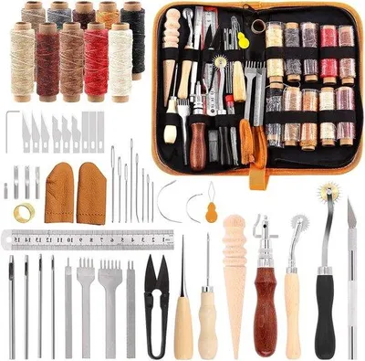 Imagen del producto de Kit creativo para proyectos de manualidades con cuero, que incluye: juego de herramientas, pieza para máquina de coser, alambre, aguja de coser, alfileres, flechas y otros materiales
