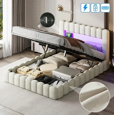 Produktbild von CDGlobal Polsterbett 140x200cm, Doppelbett mit Stauraum und Lattenrost, Kopfteil mit LED Beleuchtung, USB Ladefunktion und Staufach, Hydraulisch Stauraumbett Rückenlehne Bettgestell Beige